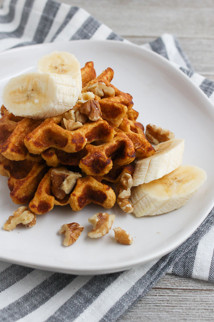 Sweet Potato Flax Waffles via Chef Julie Harrington, RD @ChefJulie_RD Make these Sweet Potato Flax Waffles for a delicious weekend breakfast, and freeze for later to enjoy during a busy week.  #sweetpotato #waffles #breakfast #brunch #flax #flaxseed #freezerfriendly