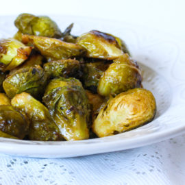 roasted brussels sprouts in a white dish