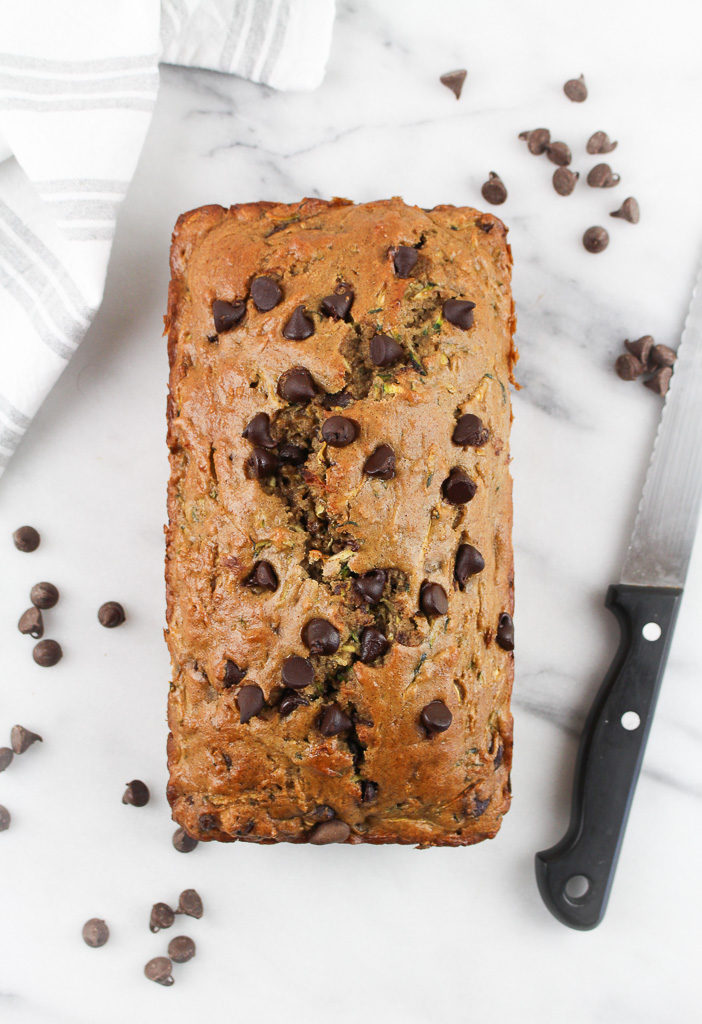 Chocolate Chip Zucchini Bread on a marble slab